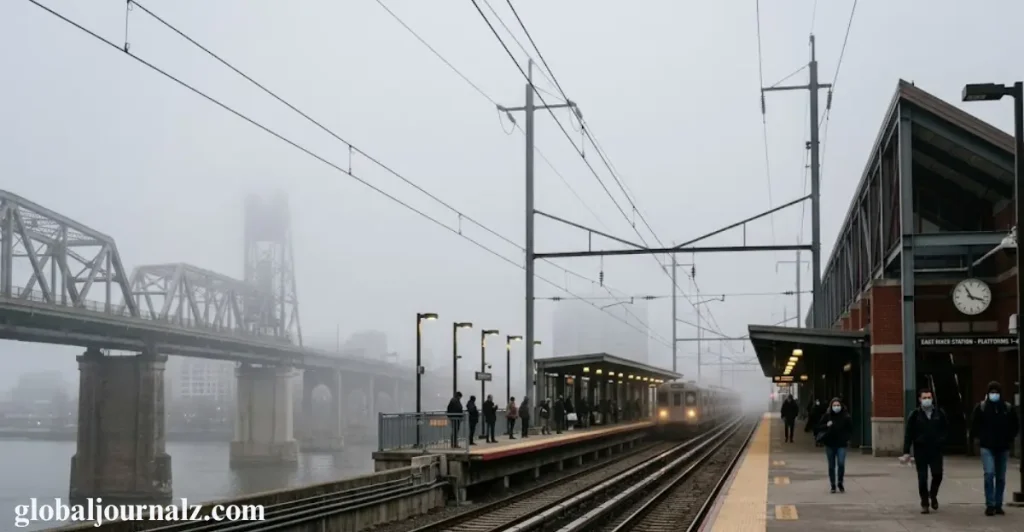 Bridge and Train Station Disappear in Thick Haze