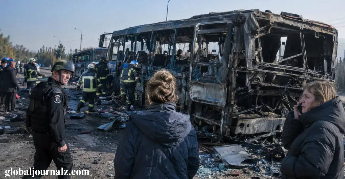Russian strike on buses kills at least 30, say officials, as deadly attacks on Ukraine surge